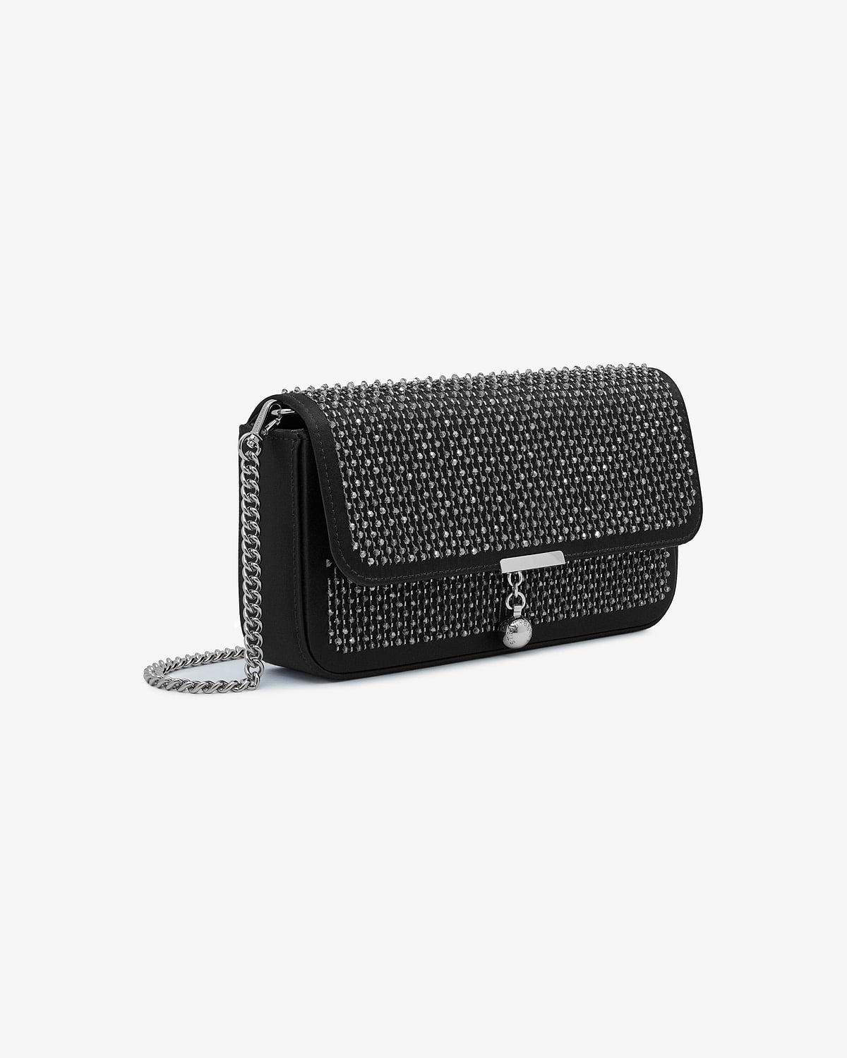 Black embroidered satin clutch with crystal embellishments and silver chain strap.