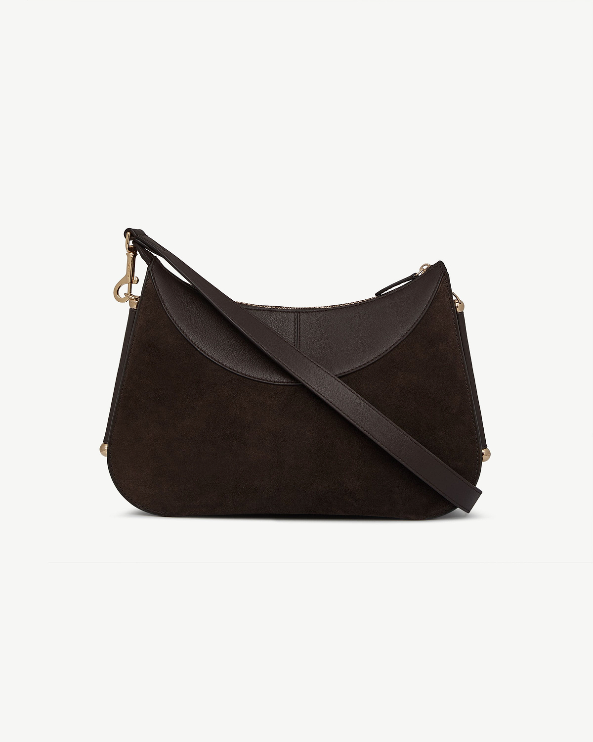 Nest Shoulder bag in espresso suede with leather trim and gold fittings