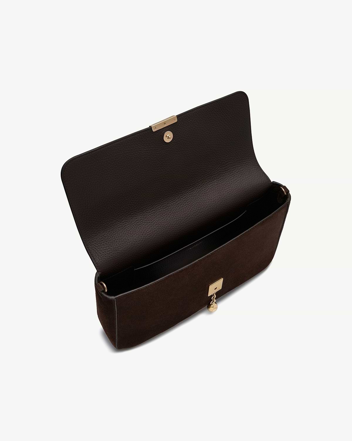 Espresso suede bag with open flap, pebbled leather interior and gold clasp
