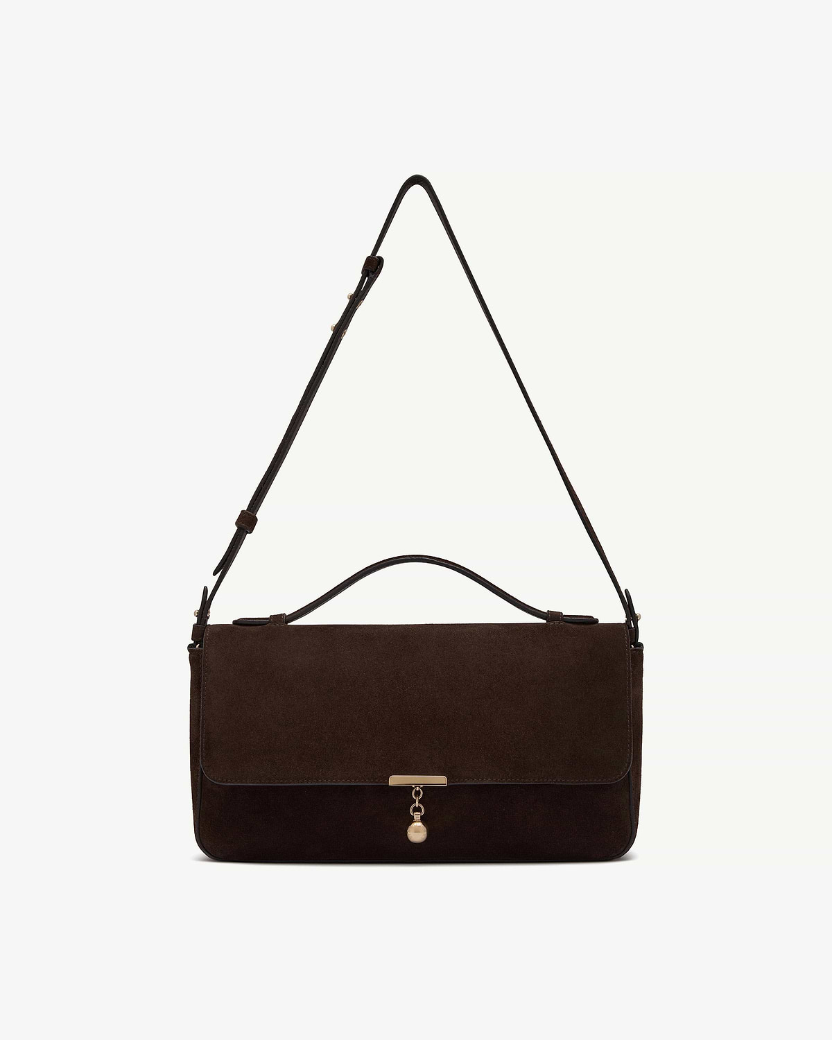 Nocturn Midi espresso suede shoulder bag with top handle and gold clasp.