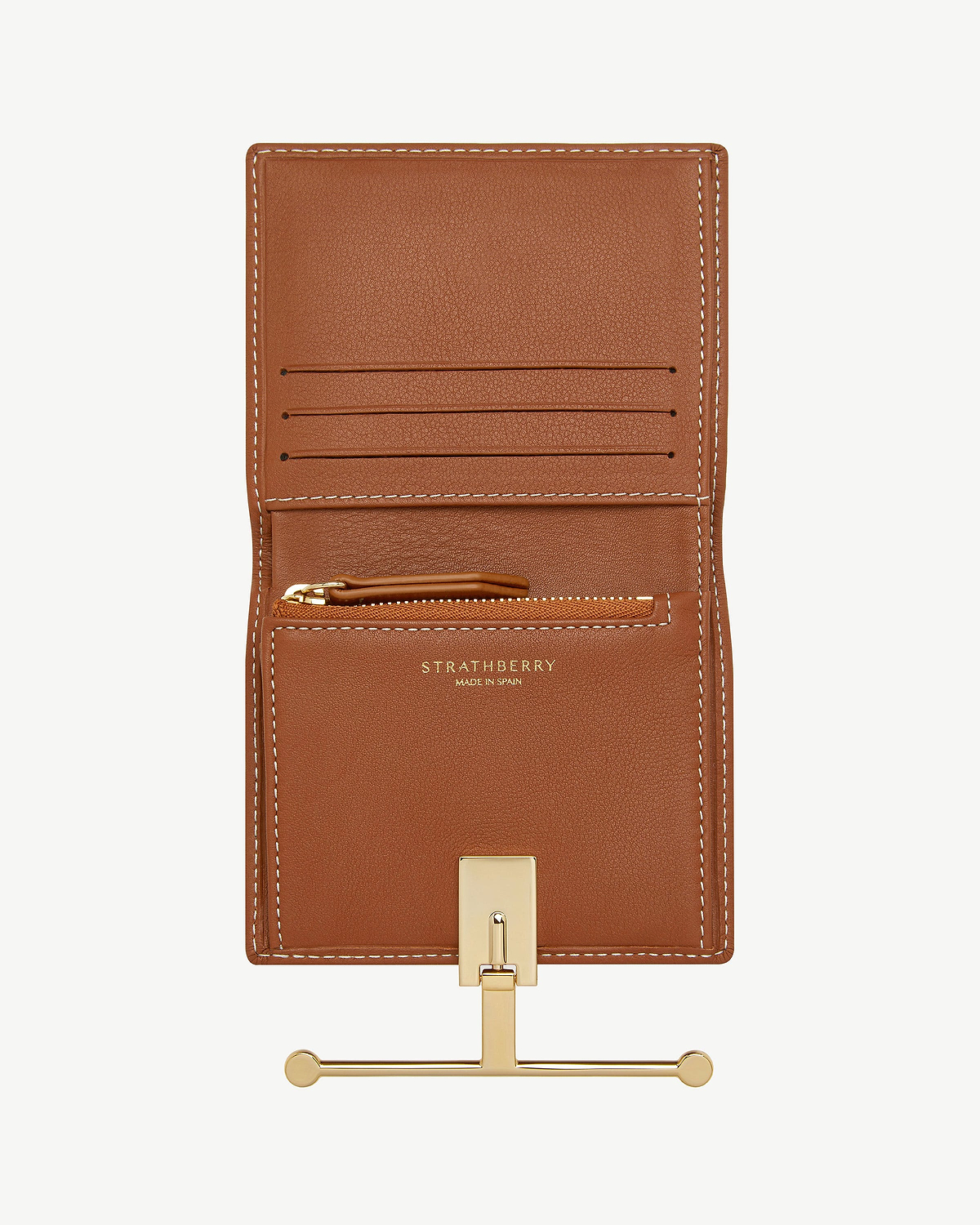Strathberry Melville Street wallet in chestnut leather with vanilla stitching, open, gold clasp.