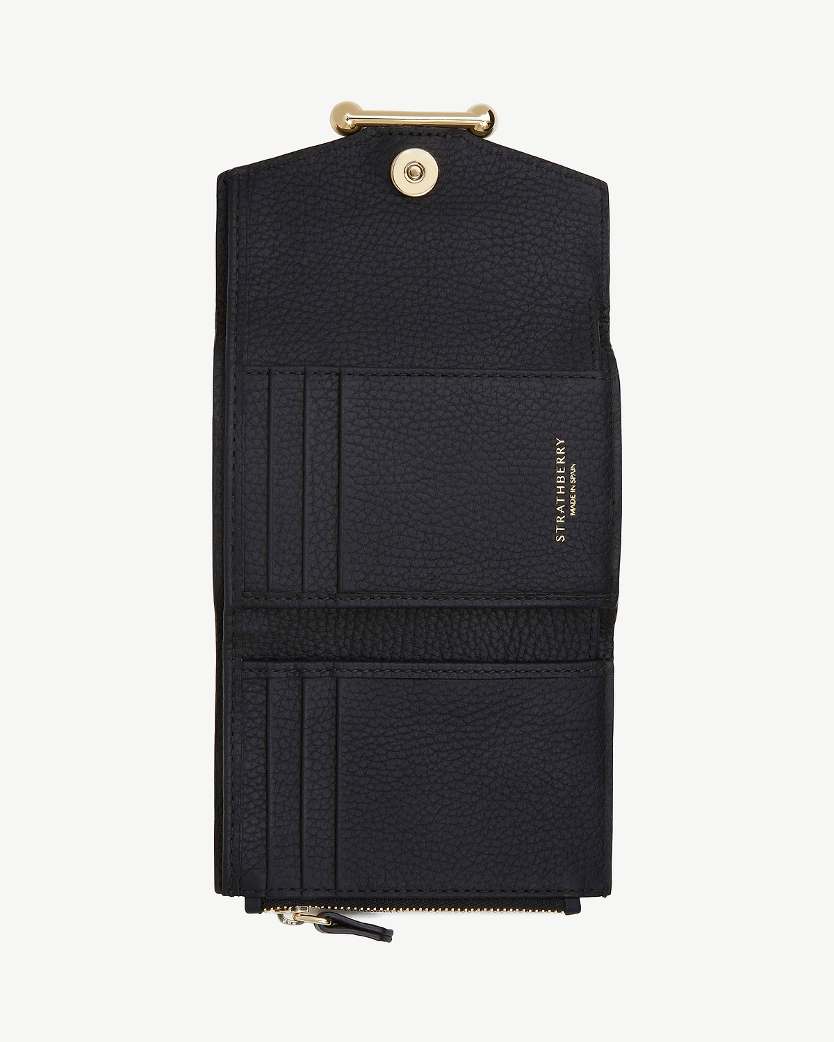 Black Strathberry trifold wallet open, showing card slots and zip pocket.