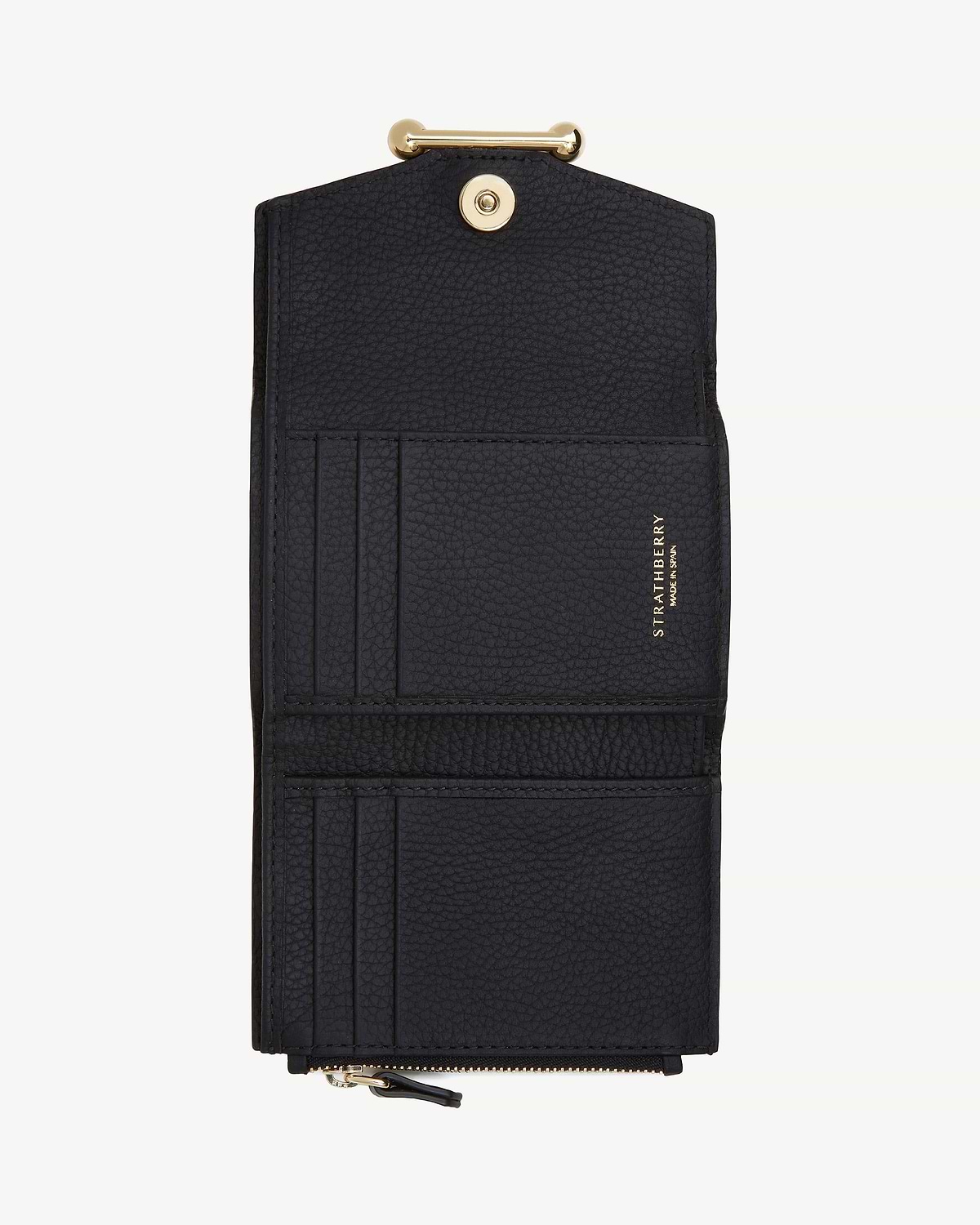Black Strathberry trifold wallet open, showing card slots and zip pocket.