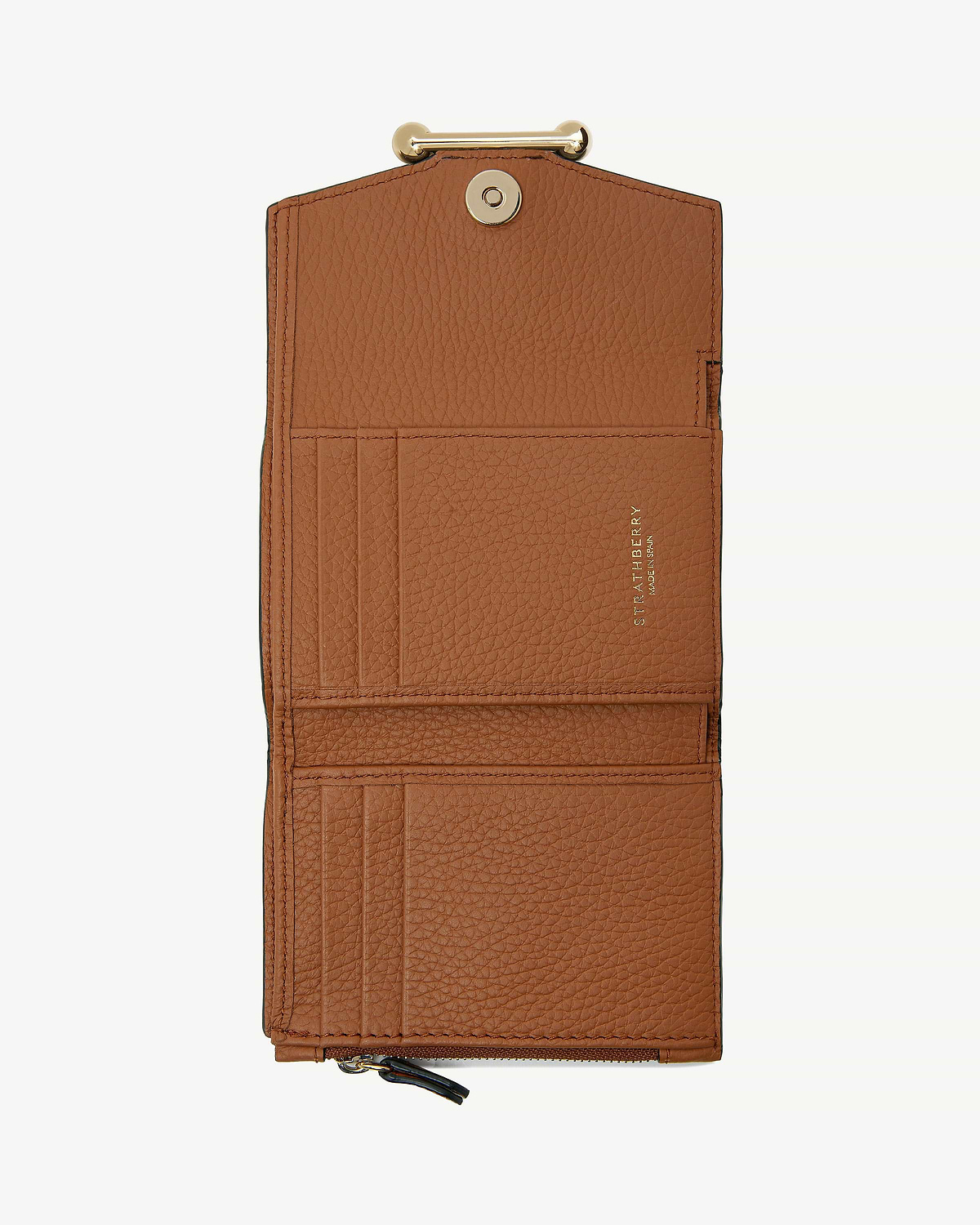 Tan leather trifold wallet open, showing card slots, zip pocket and Strathberry logo.