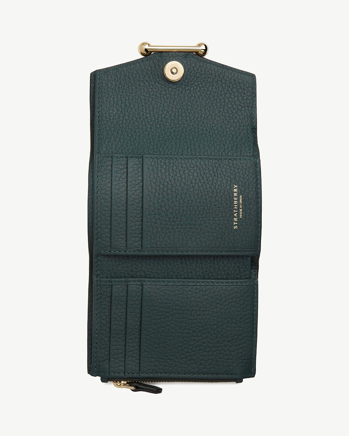 Bottle green Strathberry mosaic trifold wallet open showing card slots and gold hardware.