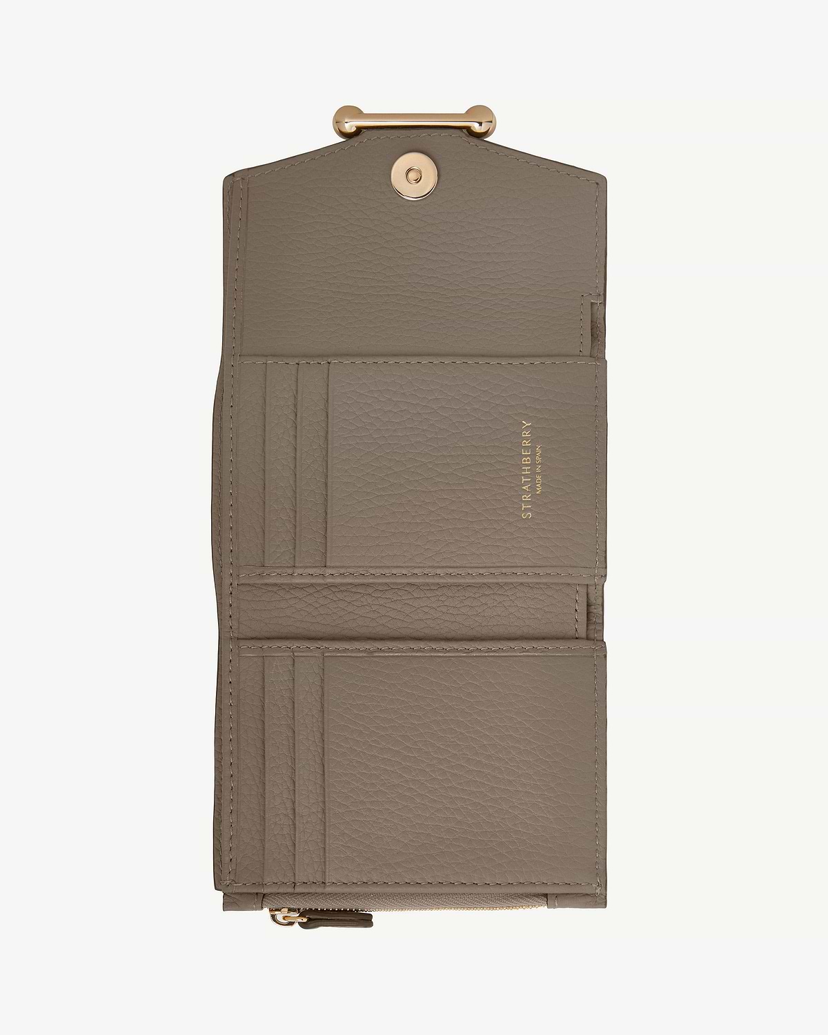 Taupe Strathberry trifold leather wallet, open showing card slots and gold clasp.