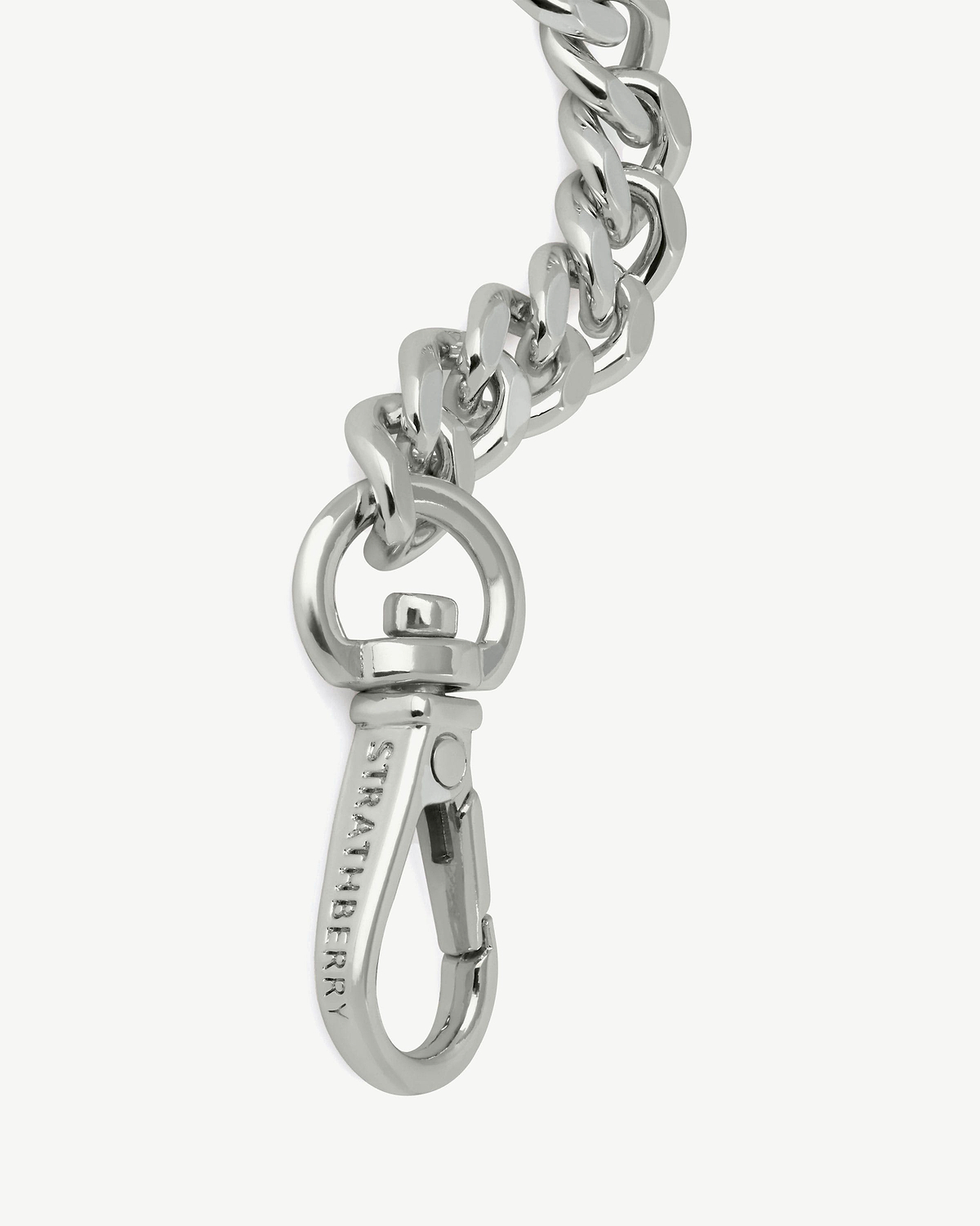 Silver chain extender with Strathberry engraved clasp and swivel ring.