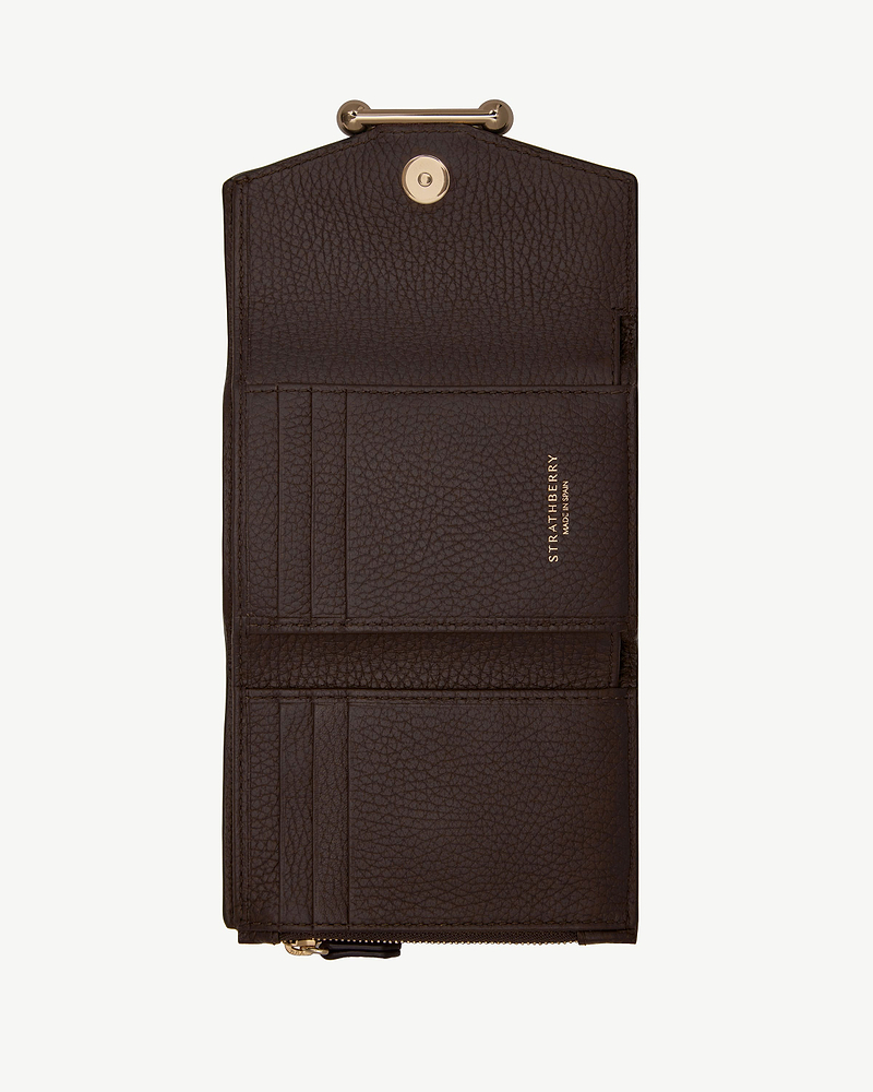Open Strathberry mosaic trifold wallet in espresso leather showing card slots and zip pocket.