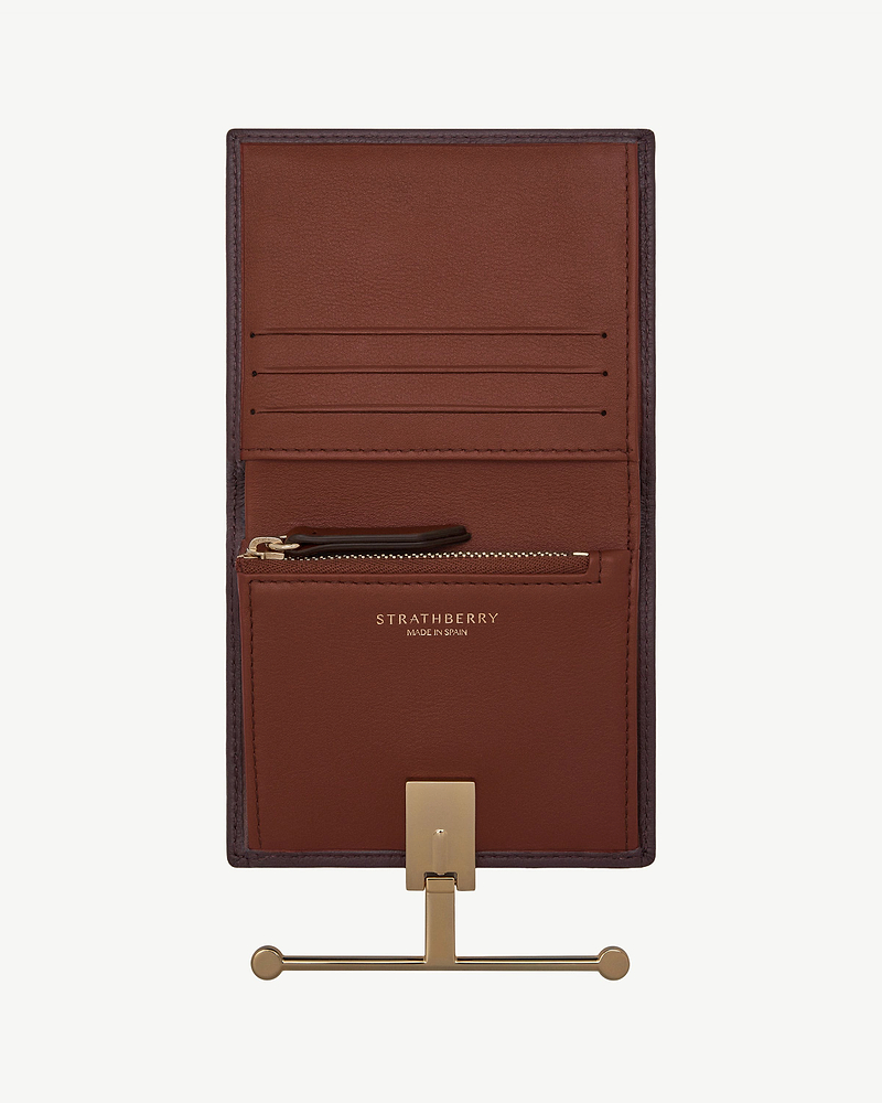 Strathberry Melville Street wallet in burgundy and walnut leather with zip pocket and gold hardware