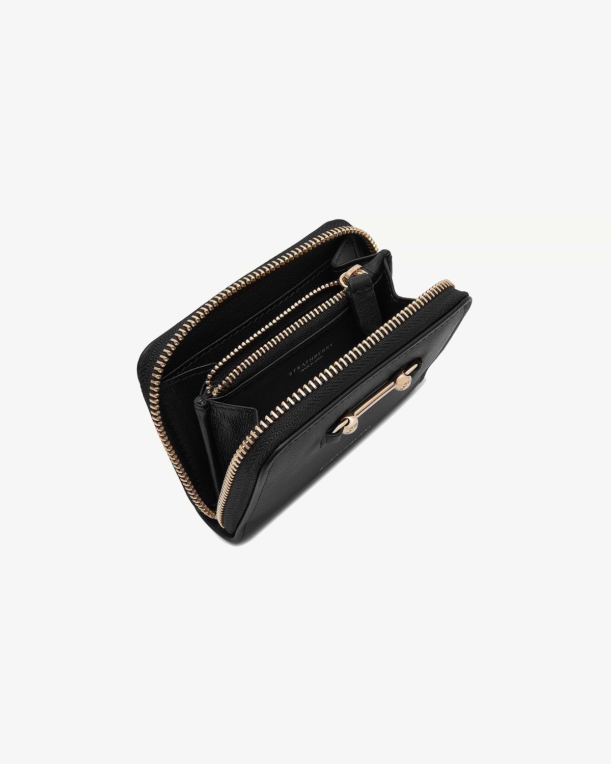 Black Strathberry zip-around wallet with gold zips and internal card compartments