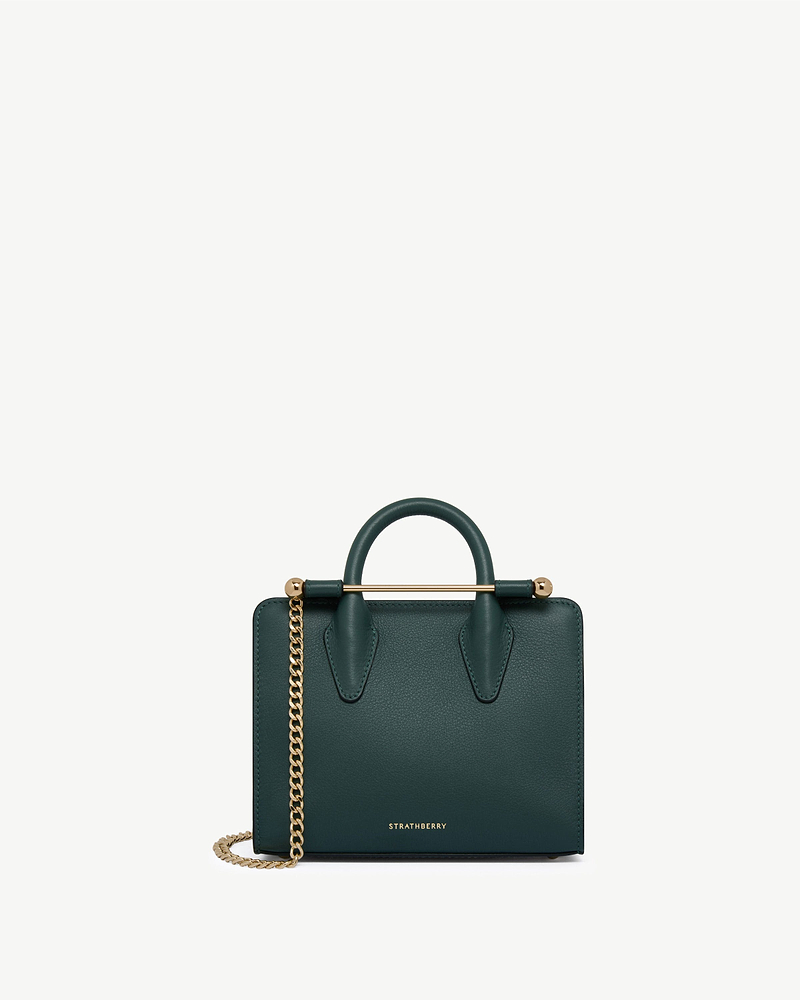 Bottle green Nano Tote with gold bar handle and chain, Strathberry logo.
