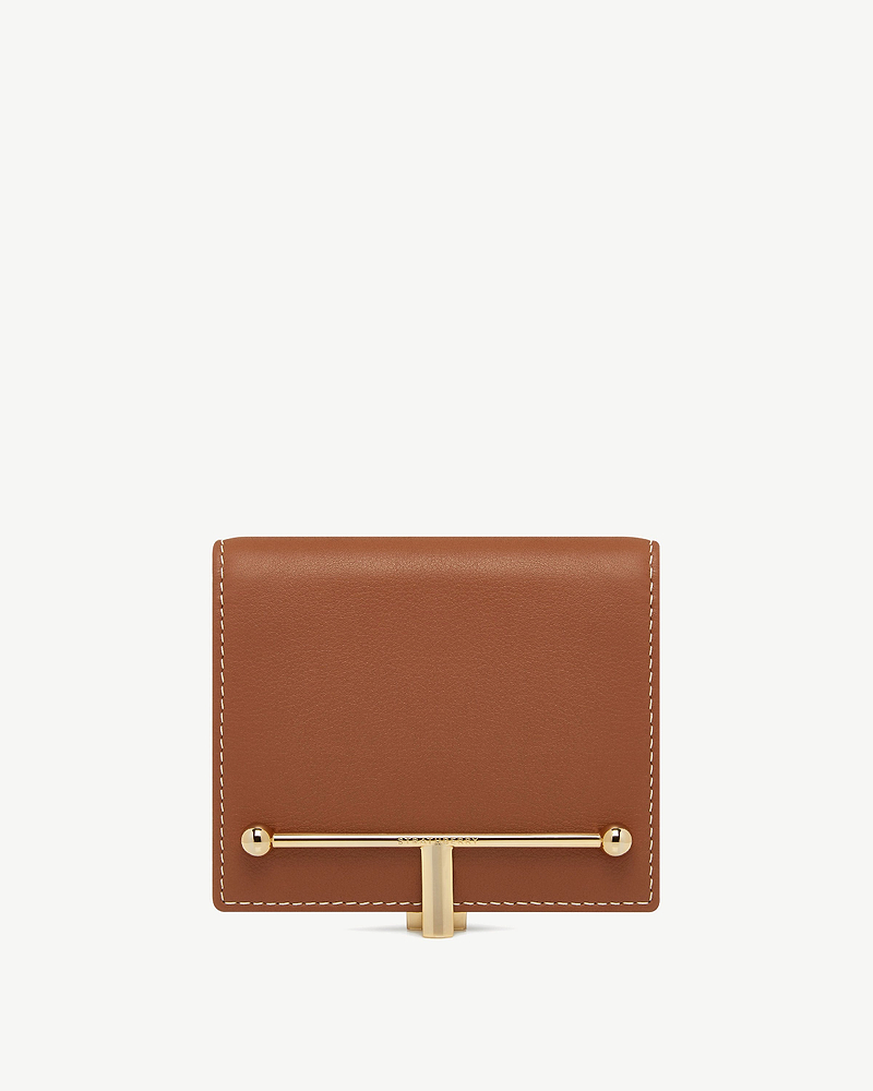 Chestnut leather wallet with vanilla contrast stitching and gold T-bar fastener