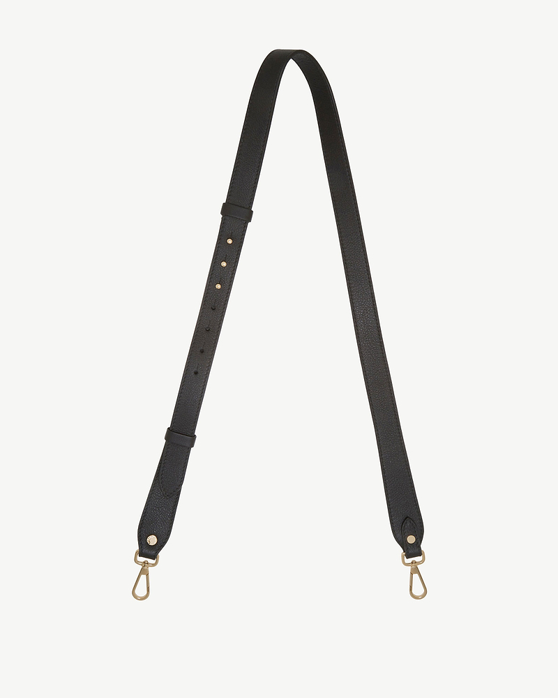 Black adjustable leather strap with gold swivel hooks and adjustment holes.