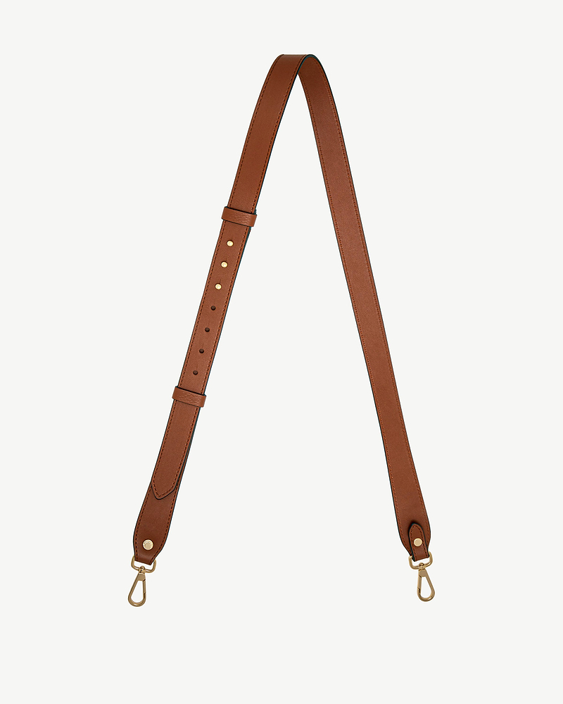 Chestnut adjustable leather strap with gold-tone clips and multiple adjustment holes