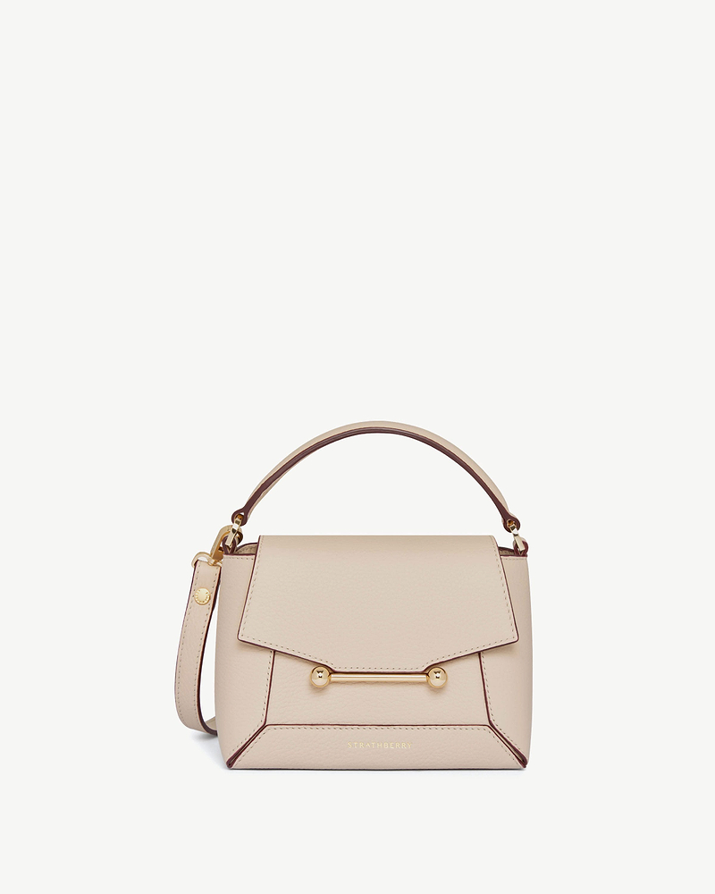 Strathberry Mosaic Nano oat leather bag with top handle and gold bar