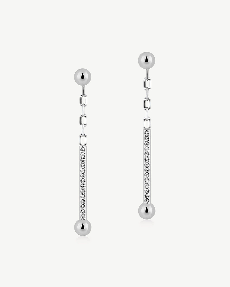 Pair of silver drop earrings with chain and crystal-studded vertical bars.