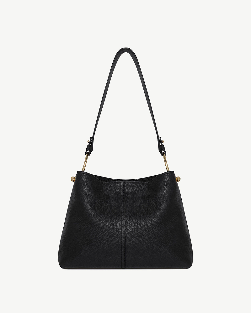 Black leather hobo bag with single shoulder strap and gold-tone hardware.