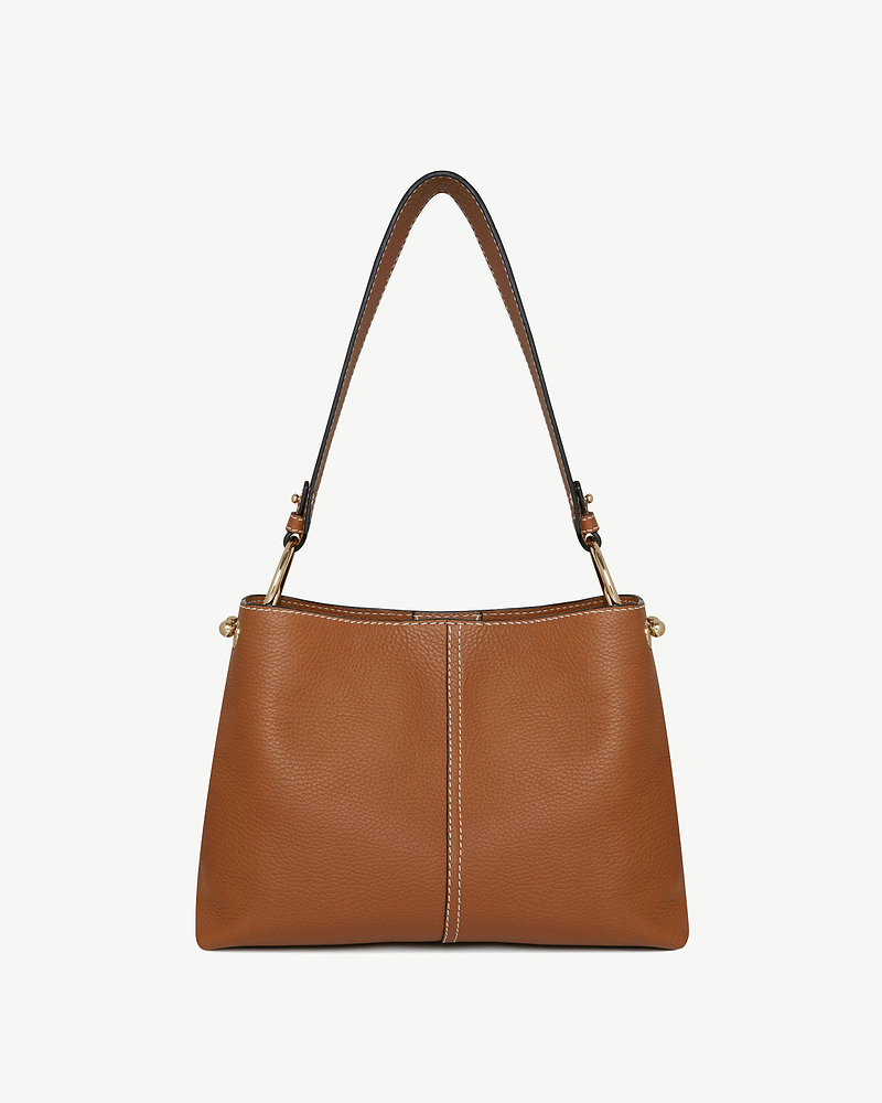 Tan leather hobo bag with single shoulder strap, central seam, pebbled texture, gold hardware.