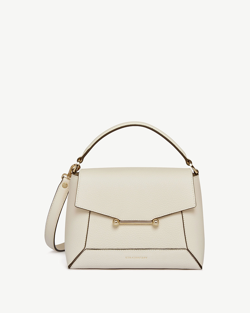 Strathberry Mosaic bag in vanilla leather with top handle, shoulder strap, gold bar