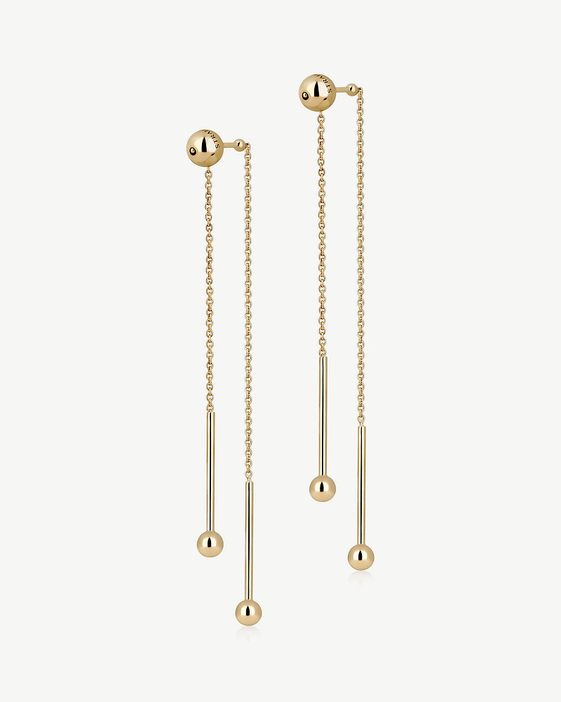 Pair of 22-carat gold-gilded chain drop earrings with ball and bar ends.