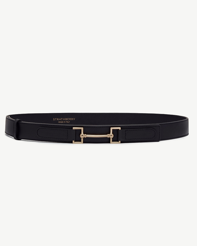 Strathberry black leather belt with gold horsebit buckle and stitched detailing.