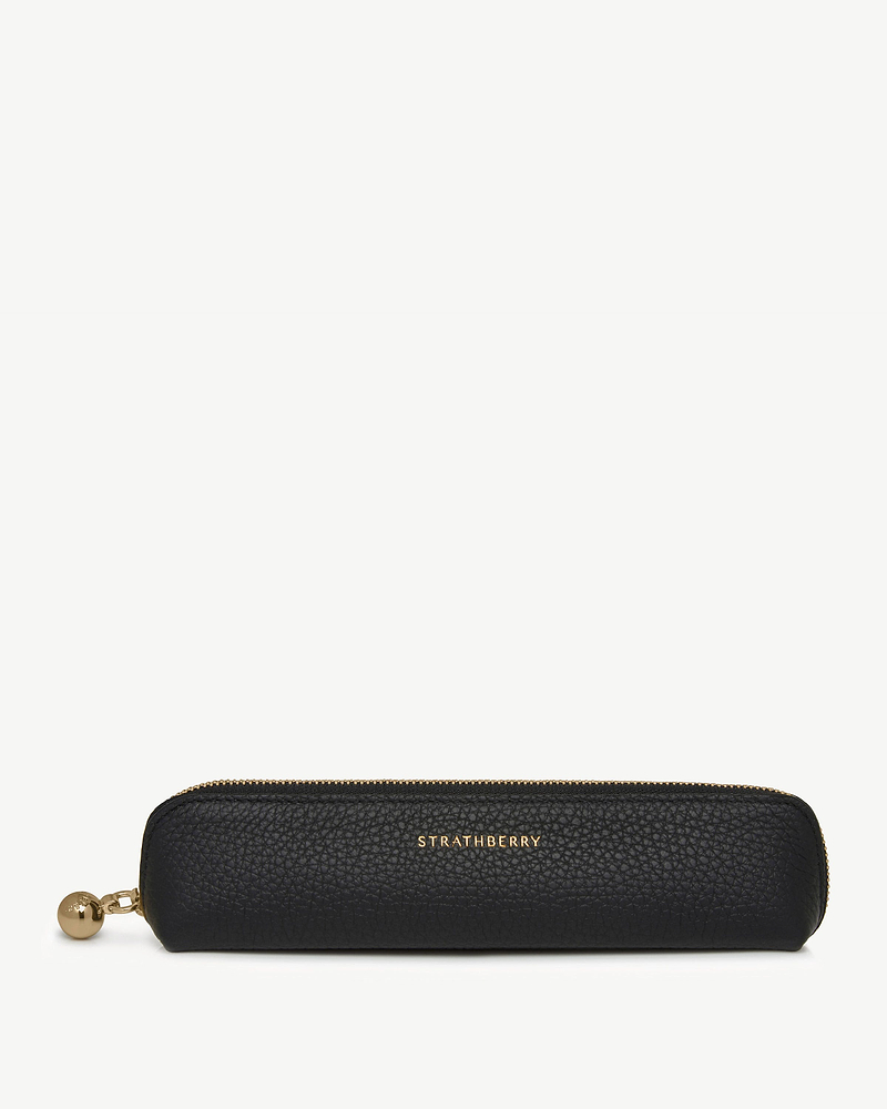 Black pebbled leather pencil case with gold Strathberry logo and zip pull