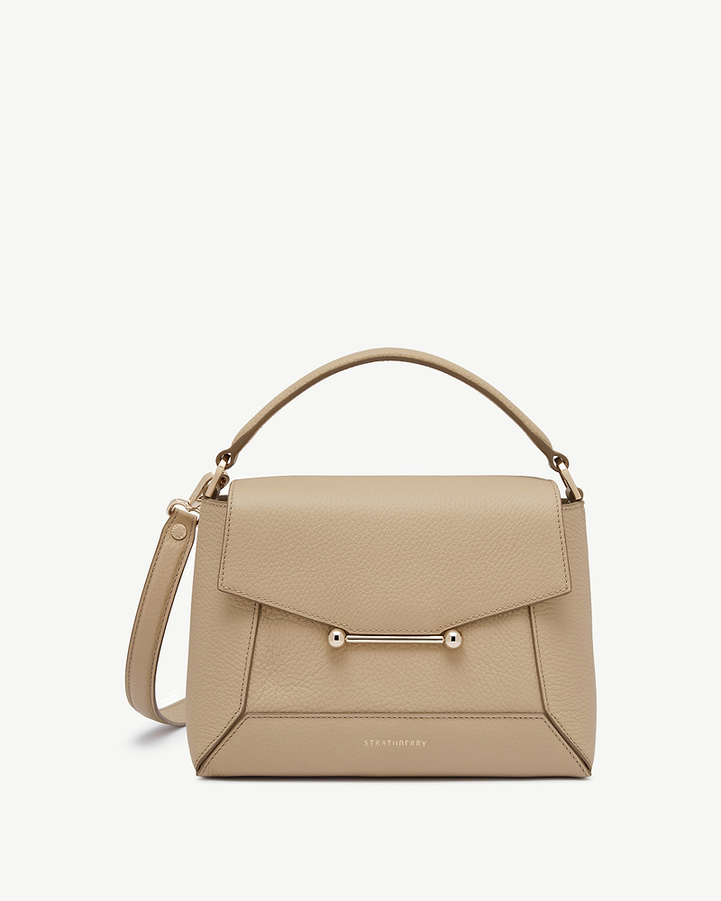 Sand leather mosaic bag with top handle, detachable strap and gold bar hardware, Strathberry.