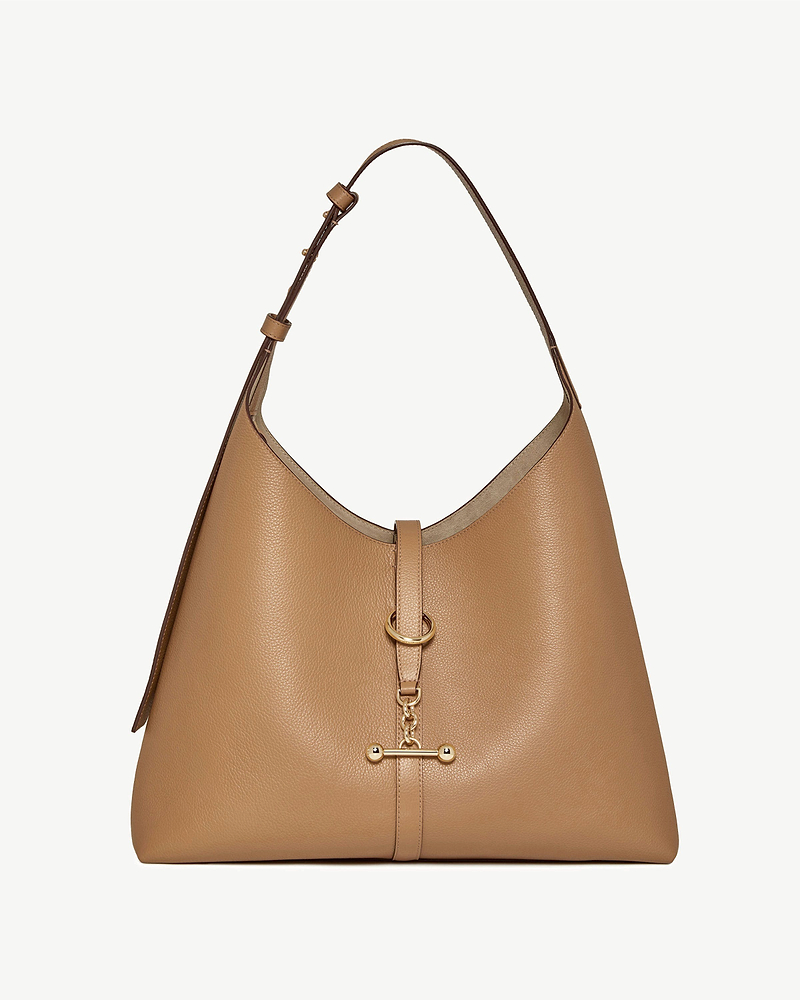 Caramel leather hobo bag with single shoulder strap, gold toggle and chain detail
