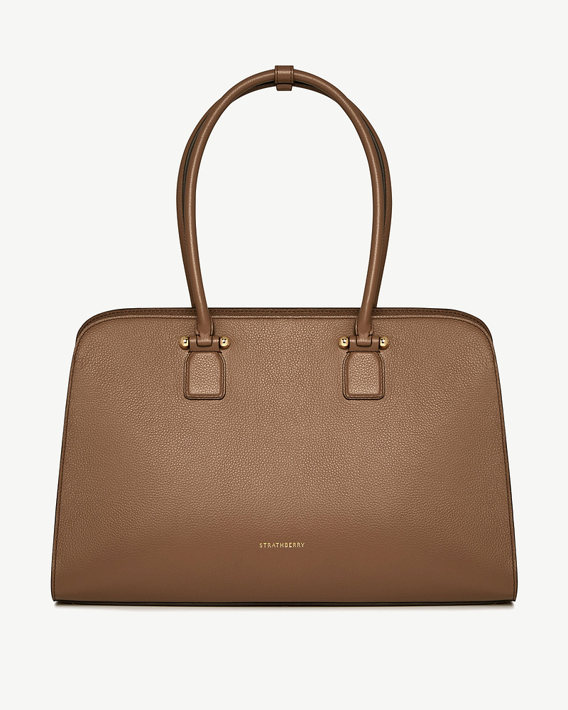 Clay Strathberry Georgia Maxi leather tote bag with double top handles and gold hardware.