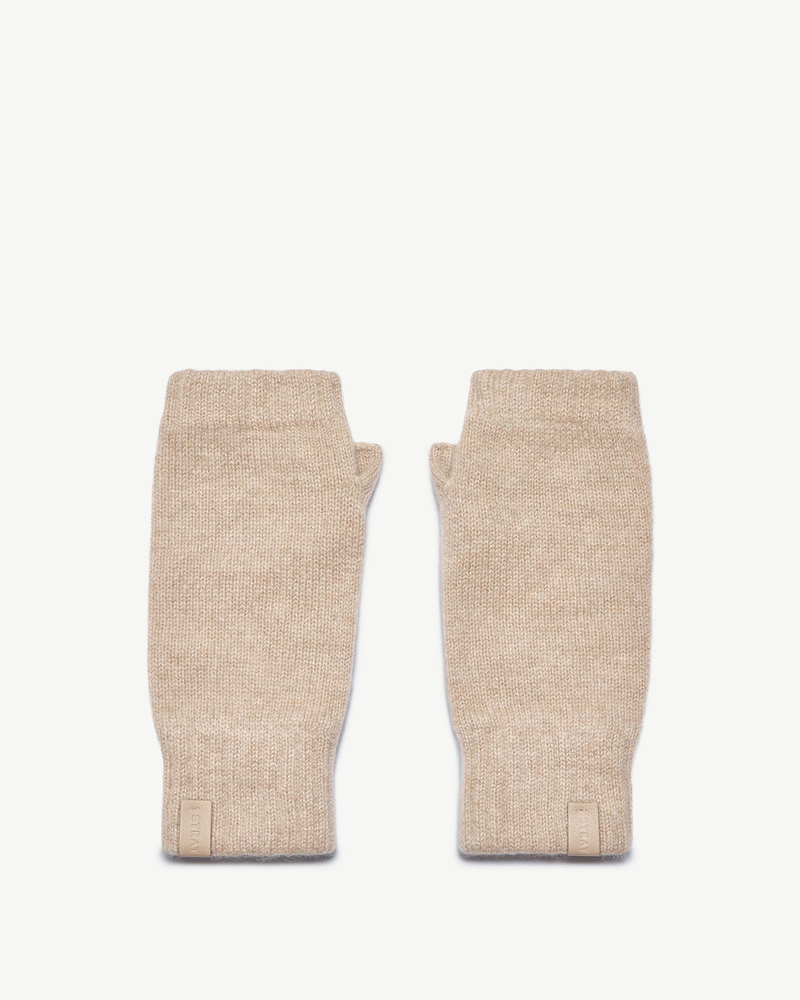 Strathberry Westray oat fingerless cashmere gloves laid flat on white background.