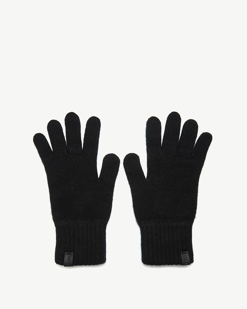 Pair of black cashmere gloves laid flat, ribbed cuffs and five fingers visible.