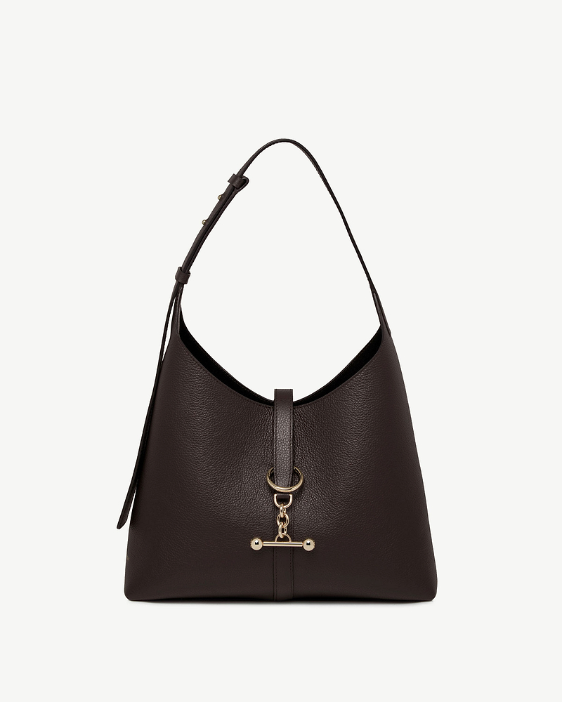 Espresso leather Kite Hobo bag with shoulder strap and gold chain hardware.