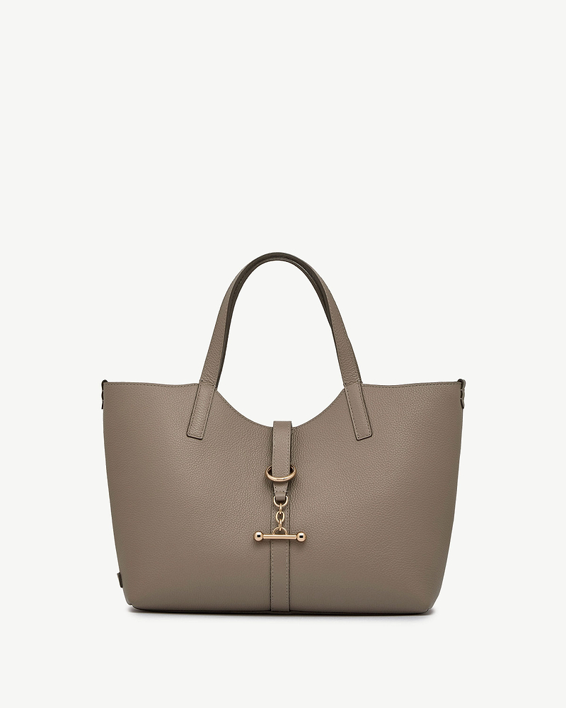 Taupe pebbled leather tote bag with top handles and gold T-bar charm