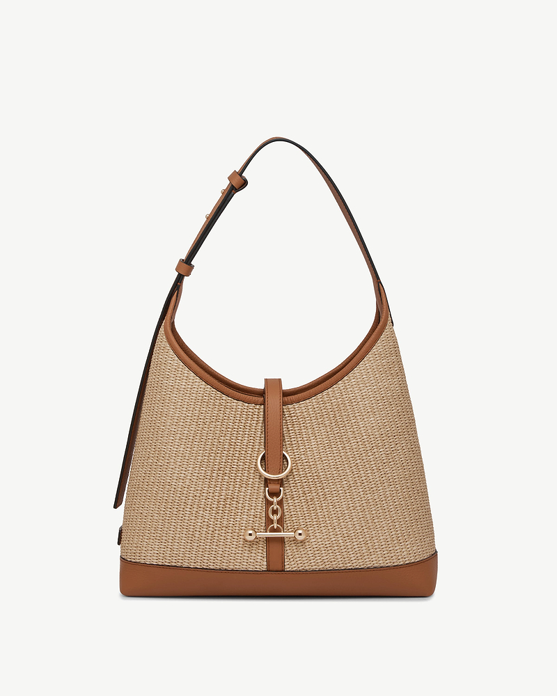 Tan and natural raffia kite hobo bag with tan leather trim and gold hardware.