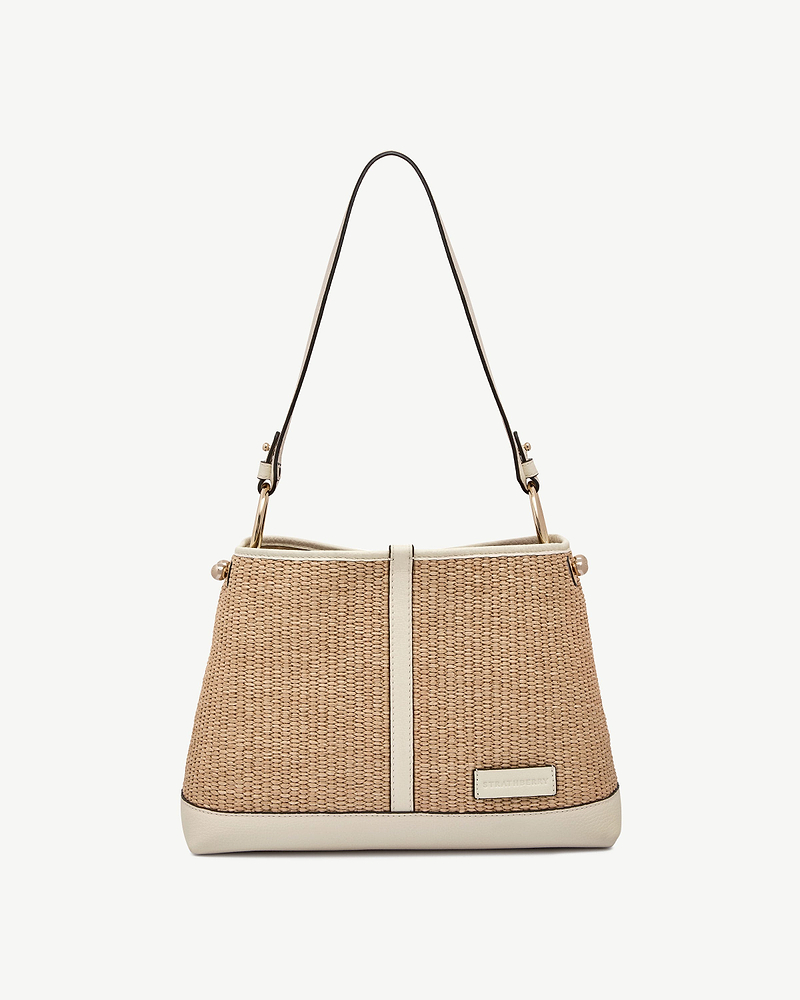 Strathberry Lana Hobo bag in vanilla natural raffia with cream leather trim and shoulder strap.