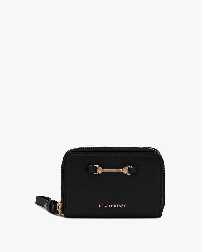 Black Strathberry Corda zip-around wallet with gold bar hardware and wrist strap