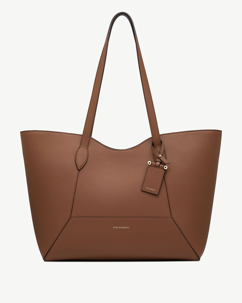 Strathberry Mosaic Cabas tote in hazelnut leather, front view with handles.