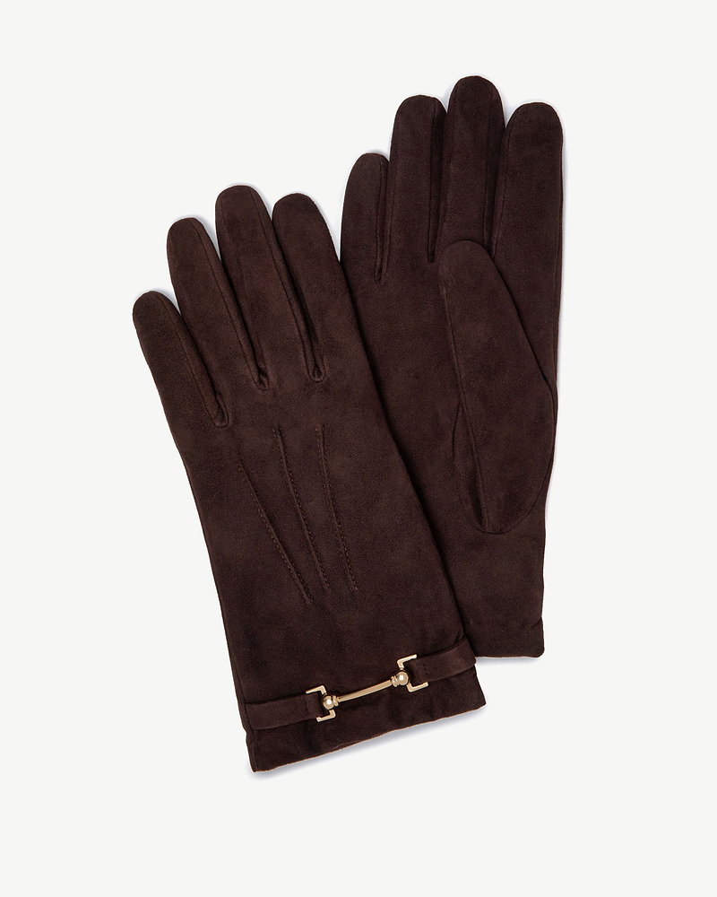 Pair of chocolate suede gloves with gold metal bit detail at the cuffs.