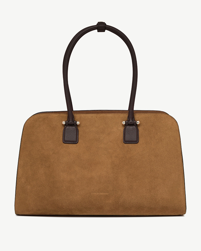 Toffee suede tote with espresso leather handles and gold-toned hardware