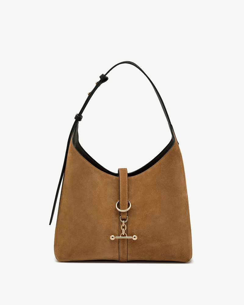 Toffee suede hobo bag with espresso leather strap and gold ring toggle hardware.