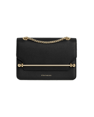 Strathberry East West Mini black leather shoulder bag with gold bar and chain strap