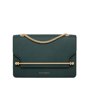 Bottle green east-west leather bag with gold chain and bar, Strathberry.