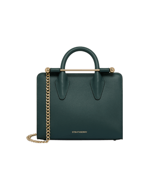 Bottle green Strathberry Nano Tote with gold bar hardware and chain shoulder strap.