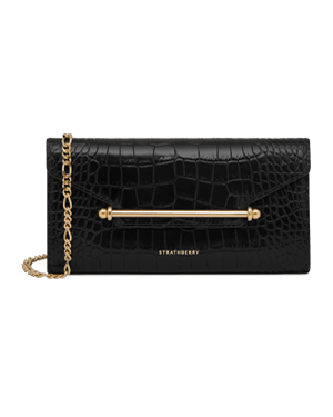 Strathberry Multrees chain wallet in black croc with gold bar and chain