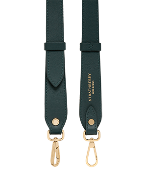 Bottle green adjustable leather strap with gold-tone clasps and Strathberry logo.