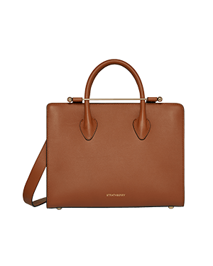 Strathberry midi tote in chestnut leather with top handles and shoulder strap