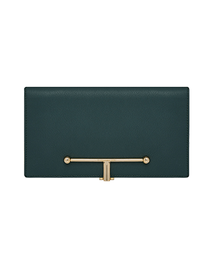 Large bottle green wallet with gold bar hardware, front view.