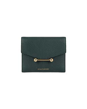 Strathberry bottle green pebbled texture trifold wallet with gold bar hardware