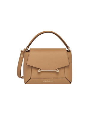 Caramel Strathberry Mosaic Nano handbag with top handle and side strap.