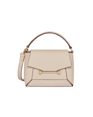Small oat top-handle bag with detachable strap, flap closure and gold bar hardware.